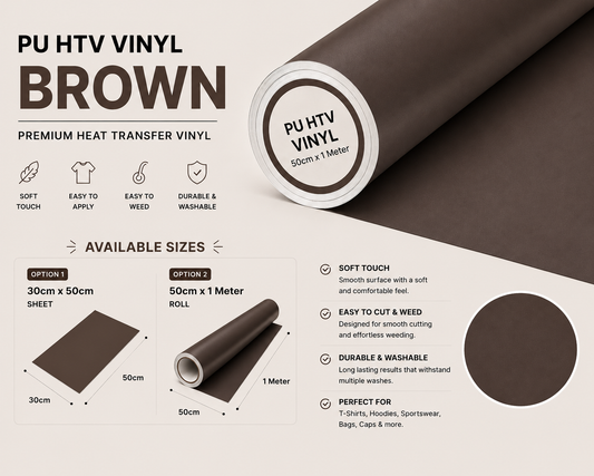 Crafted ByU Brown PU Heat Transfer Vinyl For T-Shirt Iron On Vinyl Roll product guide showing the colour, finish and available options