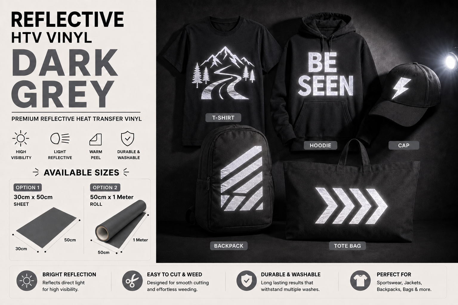 Dark Grey Reflective HTV Vinyl application examples on T-shirt, hoodie, cap, backpack and tote bag