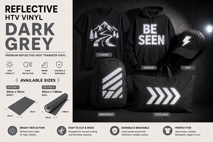 Dark Grey Reflective HTV Vinyl application examples on T-shirt, hoodie, cap, backpack and tote bag