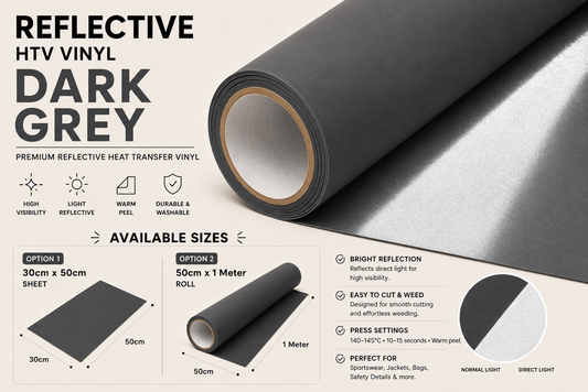 Dark Grey Reflective HTV Vinyl product information, direct-light reflection and available sizes