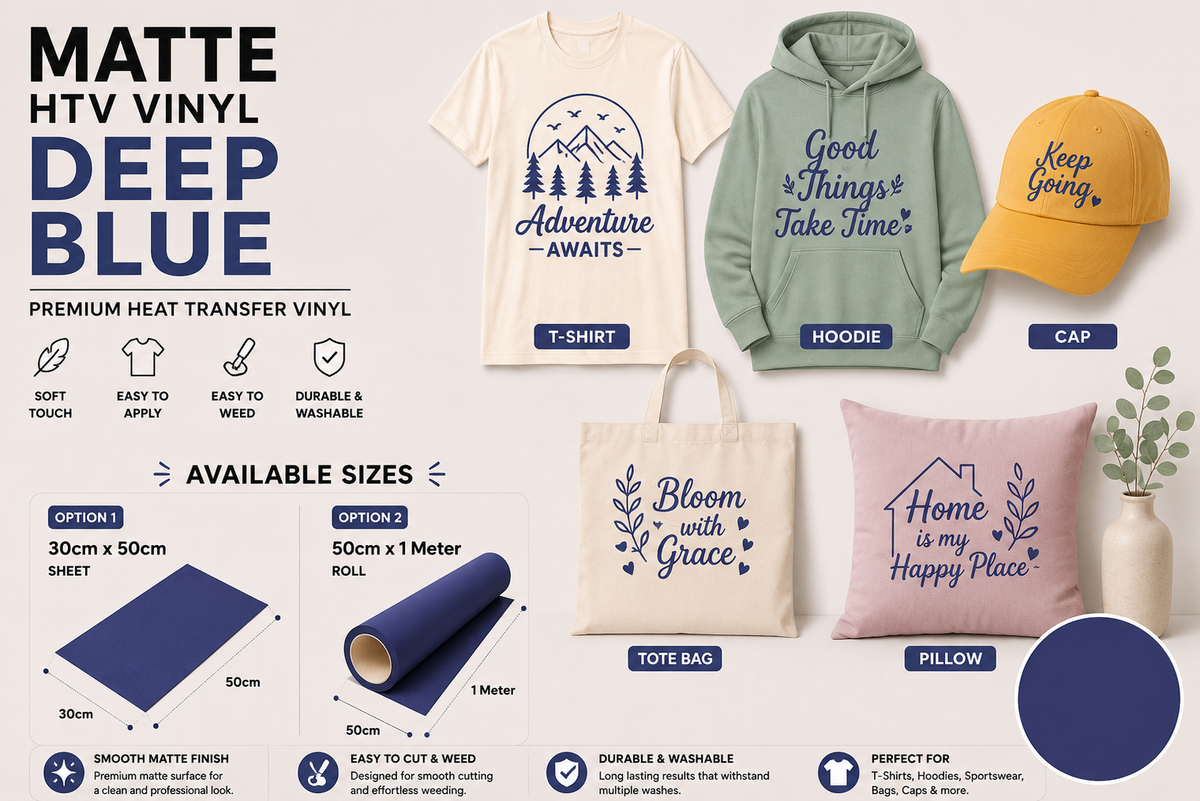 Crafted ByU Deep Blue Heat Transfer Vinyl For T-Shirt Iron On Vinyl Roll application examples on finished custom craft projects