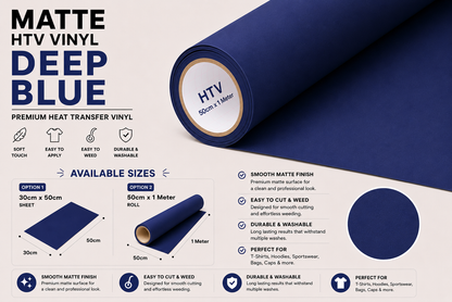Crafted ByU Deep Blue Heat Transfer Vinyl For T-Shirt Iron On Vinyl Roll product guide showing the colour, finish and available options