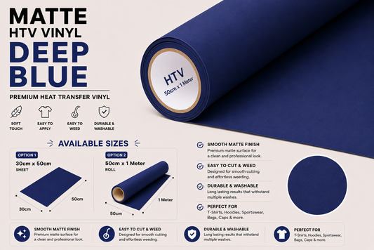 Crafted ByU Deep Blue Heat Transfer Vinyl For T-Shirt Iron On Vinyl Roll product guide showing the colour, finish and available options