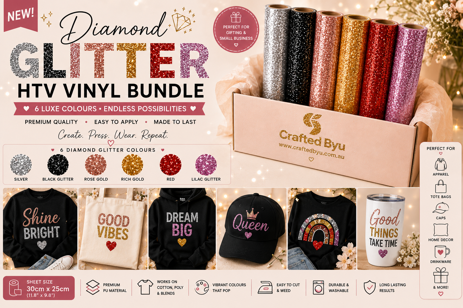 Crafted ByU Diamond Glitter HTV Vinyl Bundle Luxe Colours Pack (6 Sheets) application examples on finished custom craft projects
