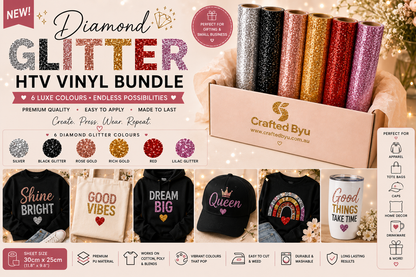 Crafted ByU Diamond Glitter HTV Vinyl Bundle Luxe Colours Pack (6 Sheets) application examples on finished custom craft projects
