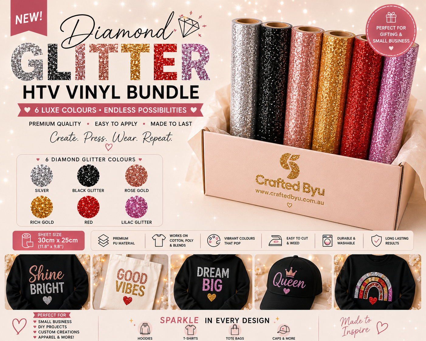 Crafted ByU Diamond Glitter HTV Vinyl Bundle Luxe Colours Pack (6 Sheets) product guide showing the colour, finish and available options