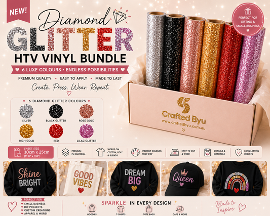 Crafted ByU Diamond Glitter HTV Vinyl Bundle Luxe Colours Pack (6 Sheets) product guide showing the colour, finish and available options
