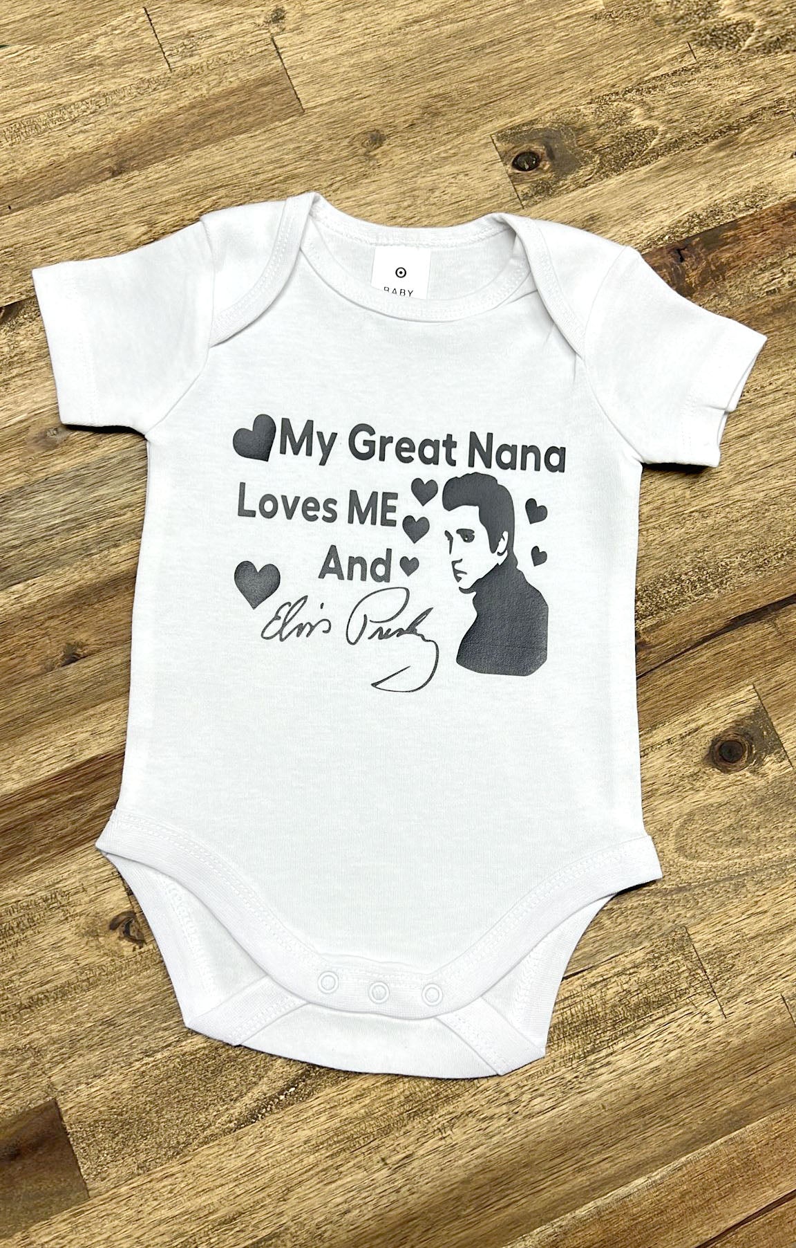 Crafted ByU Elvis Short Sleeve Shirt Onesie application examples on finished custom craft projects