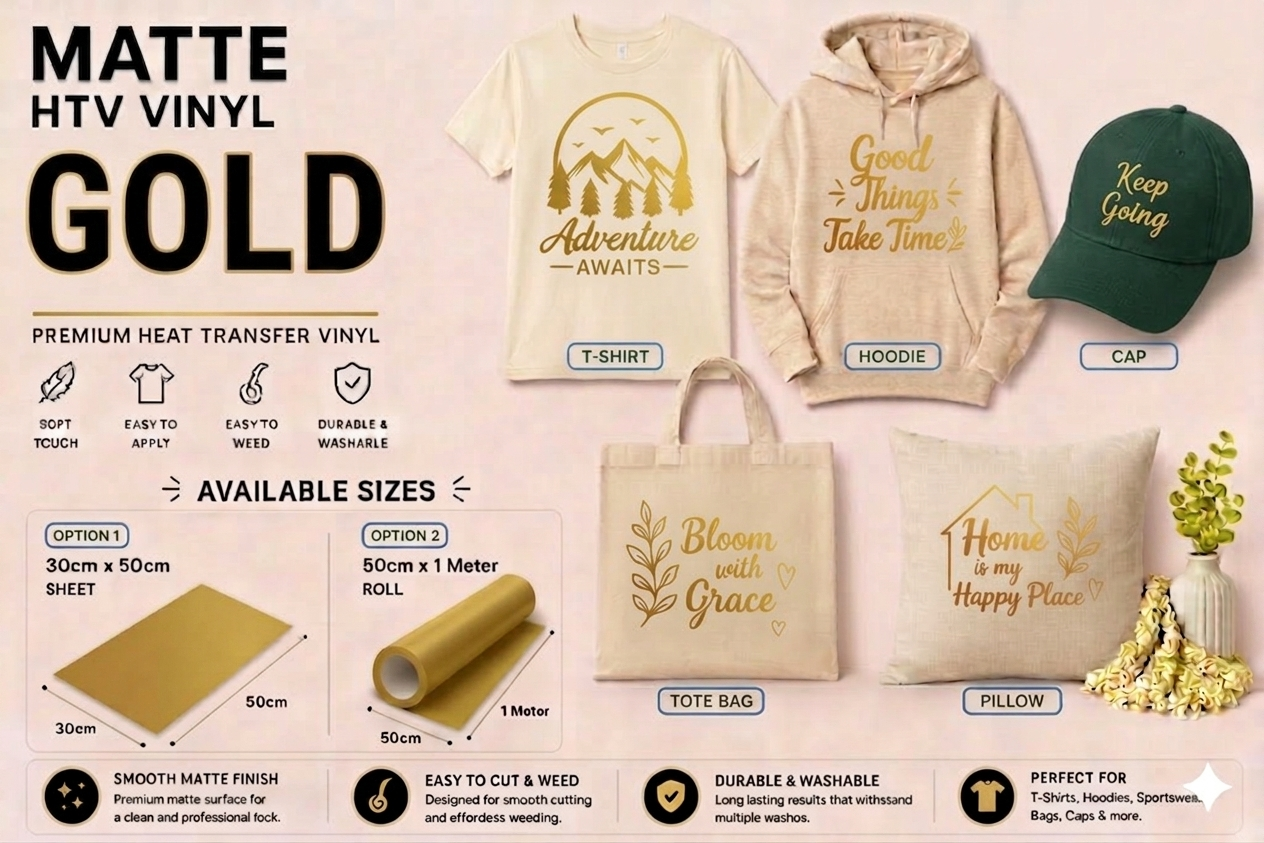 Crafted ByU Gold Heat Transfer Vinyl For T-Shirt Iron On Vinyl Roll application examples on finished custom craft projects