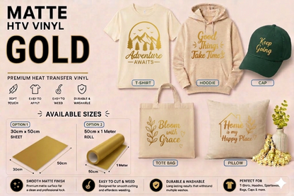 Crafted ByU Gold Heat Transfer Vinyl For T-Shirt Iron On Vinyl Roll application examples on finished custom craft projects