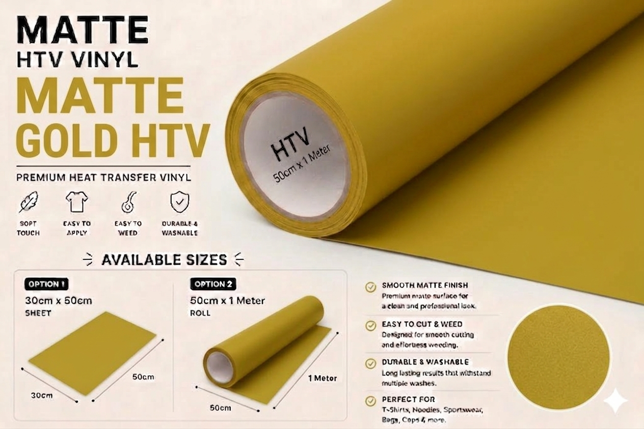 Crafted ByU Gold Heat Transfer Vinyl For T-Shirt Iron On Vinyl Roll product guide showing the colour, finish and available options