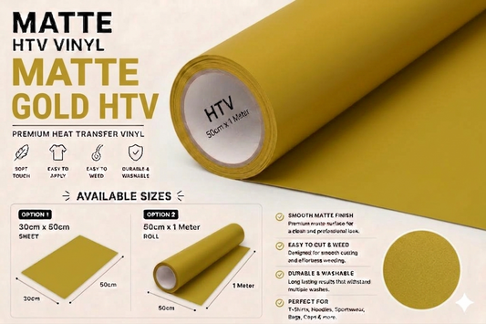 Crafted ByU Gold Heat Transfer Vinyl For T-Shirt Iron On Vinyl Roll product guide showing the colour, finish and available options