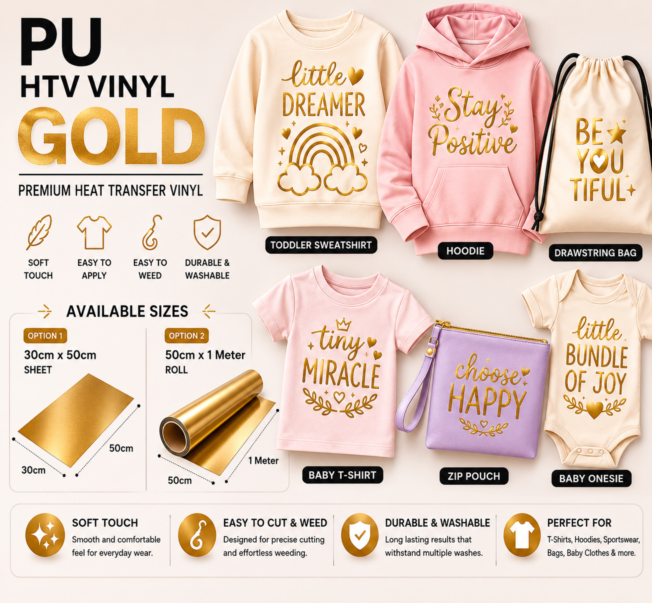 Crafted ByU Gold PU Heat Transfer Vinyl Roll – Premium Iron-On Vinyl for T-Shirts & Fabrics application examples on finished custom craft projects