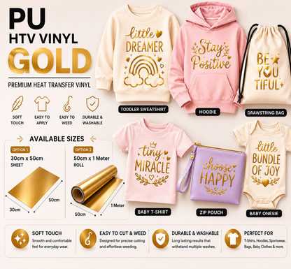 Crafted ByU Gold PU Heat Transfer Vinyl Roll – Premium Iron-On Vinyl for T-Shirts & Fabrics application examples on finished custom craft projects