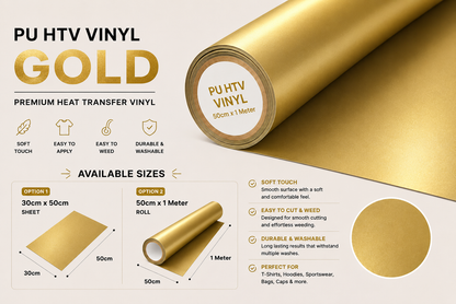 Crafted ByU Gold PU Heat Transfer Vinyl Roll – Premium Iron-On Vinyl for T-Shirts & Fabrics product guide showing the colour, finish and available options