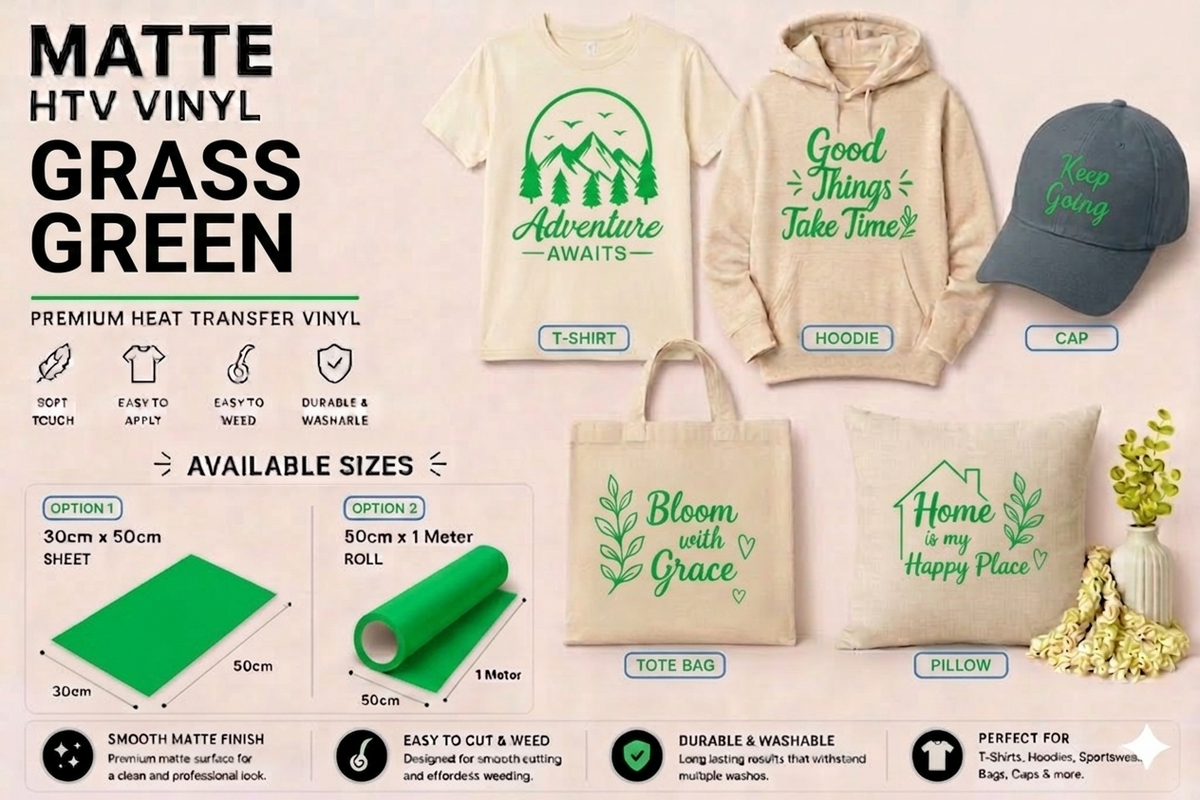 Crafted ByU Grass Green Heat Transfer Vinyl For T-Shirt Iron On Vinyl Roll application examples on finished custom craft projects