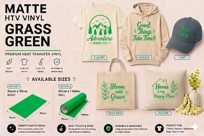 Crafted ByU Grass Green Heat Transfer Vinyl For T-Shirt Iron On Vinyl Roll application examples on finished custom craft projects