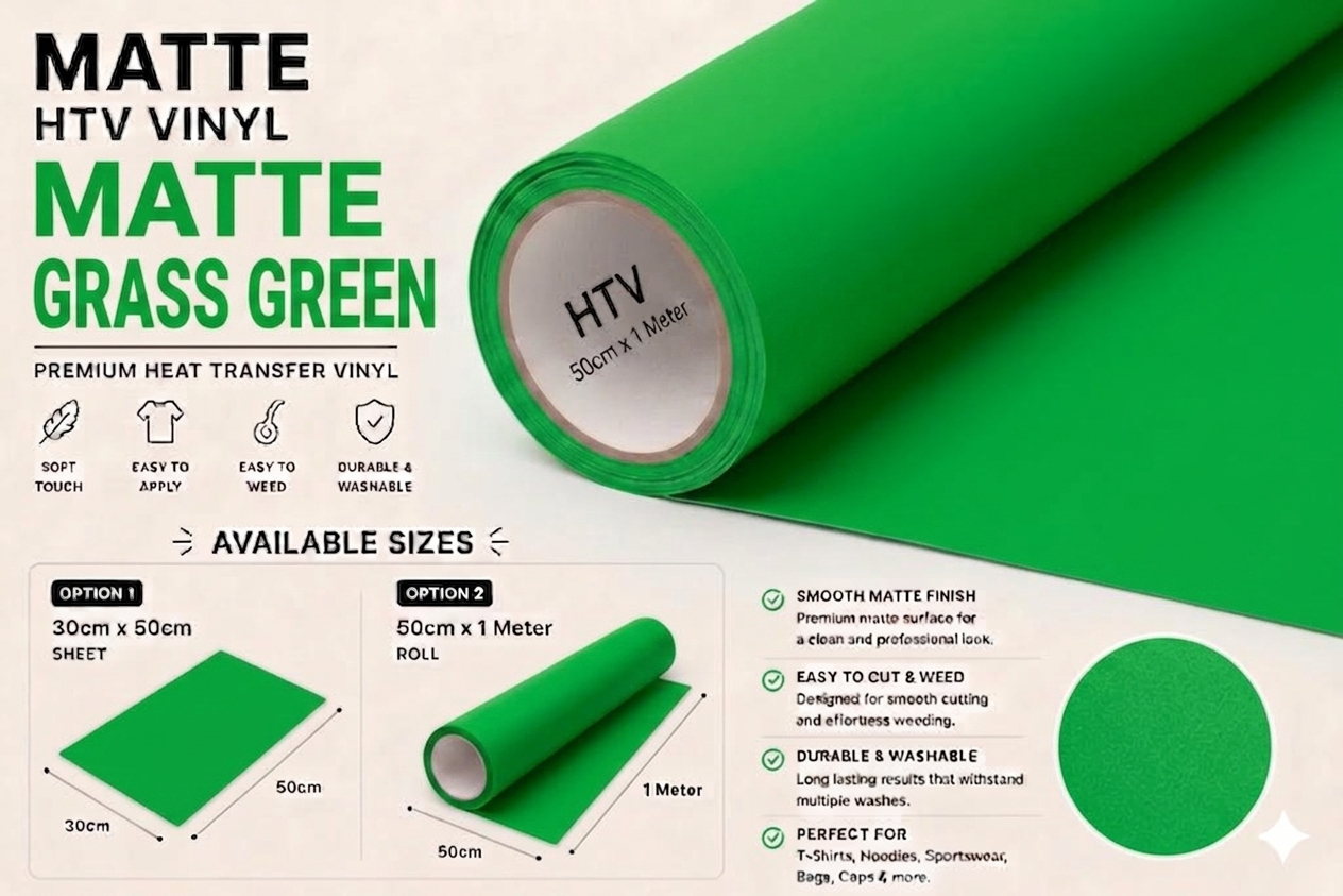 Crafted ByU Grass Green Heat Transfer Vinyl For T-Shirt Iron On Vinyl Roll product guide showing the colour, finish and available options