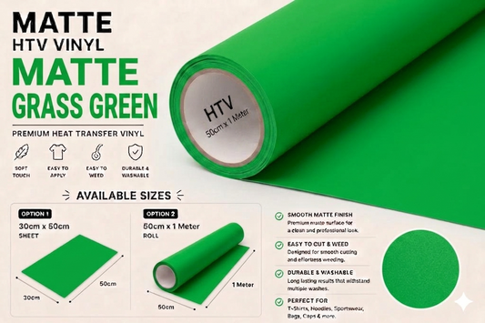 Crafted ByU Grass Green Heat Transfer Vinyl For T-Shirt Iron On Vinyl Roll product guide showing the colour, finish and available options