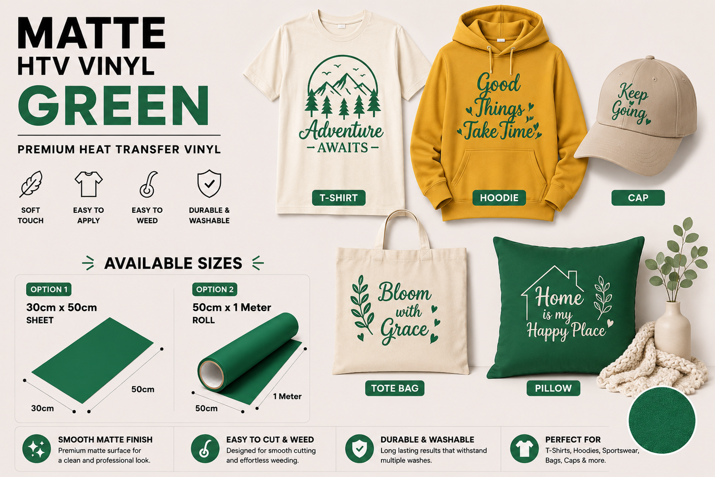 Crafted ByU Green Heat Transfer Vinyl Roll – Premium Iron-On Vinyl for T-Shirts & Fabrics application examples on finished custom craft projects