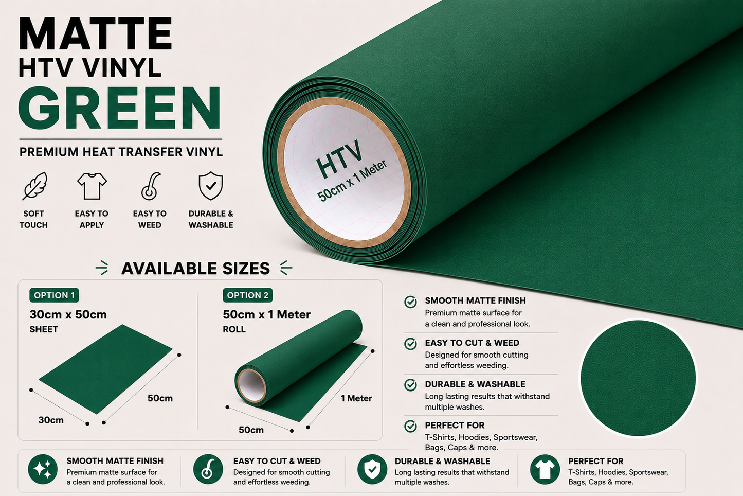 Crafted ByU Green Heat Transfer Vinyl Roll – Premium Iron-On Vinyl for T-Shirts & Fabrics product guide showing the colour, finish and available options