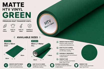 Crafted ByU Green Heat Transfer Vinyl Roll – Premium Iron-On Vinyl for T-Shirts & Fabrics product guide showing the colour, finish and available options