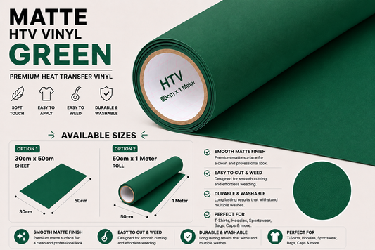 Crafted ByU Green Heat Transfer Vinyl Roll – Premium Iron-On Vinyl for T-Shirts & Fabrics product guide showing the colour, finish and available options