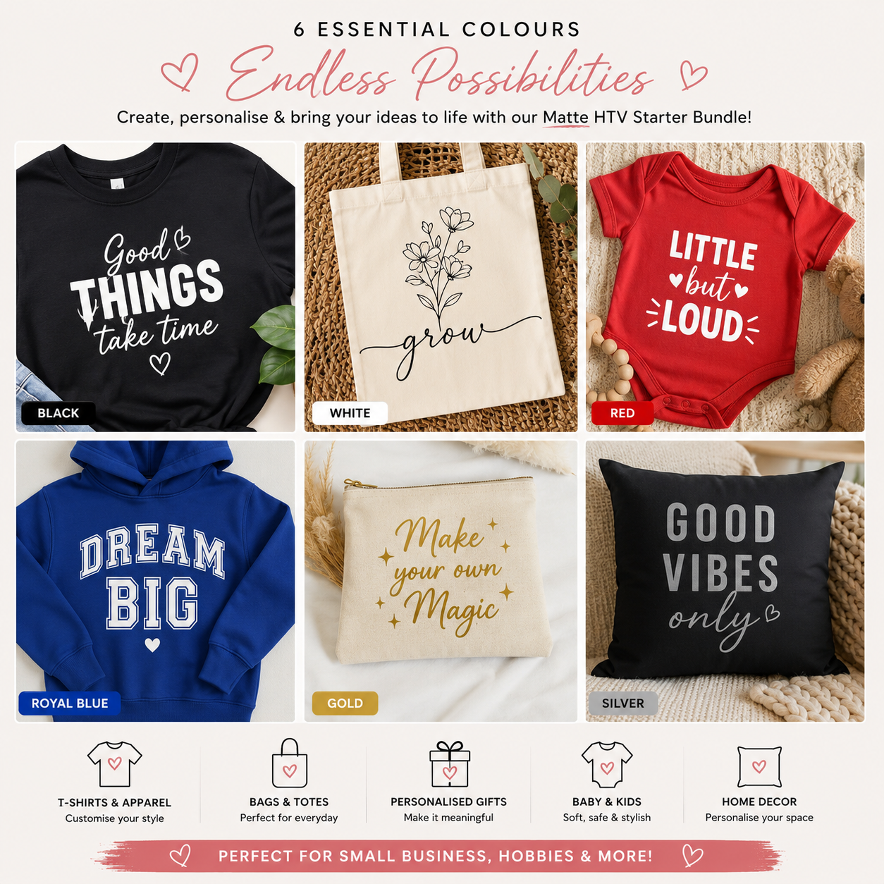 Crafted ByU HTV Starter Bundle – Matte Essential Colours Pack (6 Sheets) product detail image 3