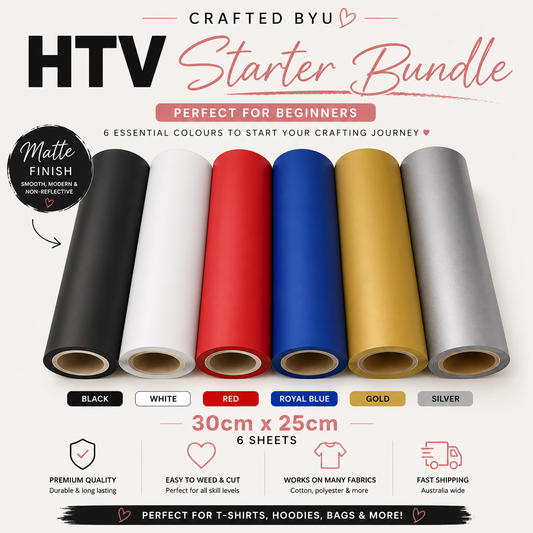 Crafted ByU HTV Starter Bundle – Matte Essential Colours Pack (6 Sheets) product guide showing the colour, finish and available options