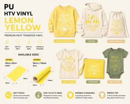 Crafted ByU Lemon Yellow PU Heat Transfer Vinyl For T-Shirt Iron On Vinyl Roll application examples on finished custom craft projects