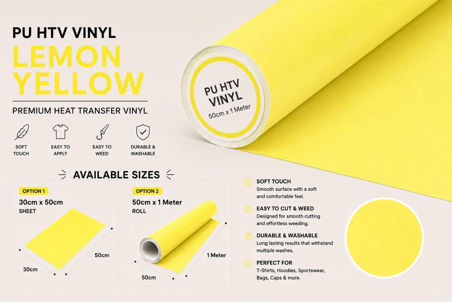 Crafted ByU Lemon Yellow PU Heat Transfer Vinyl For T-Shirt Iron On Vinyl Roll product guide showing the colour, finish and available options