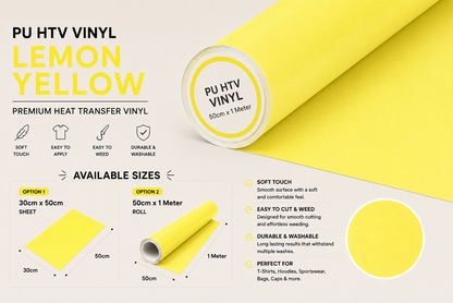 Crafted ByU Lemon Yellow PU Heat Transfer Vinyl For T-Shirt Iron On Vinyl Roll product guide showing the colour, finish and available options