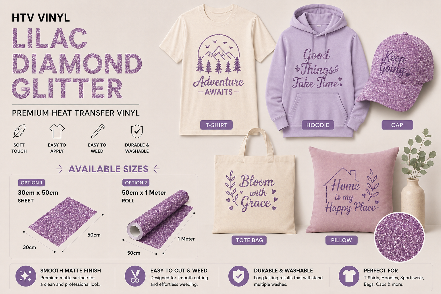Crafted ByU Lilac Diamond Glitter Heat Transfer Vinyl For T-Shirt Iron On Vinyl Roll application examples on finished custom craft projects