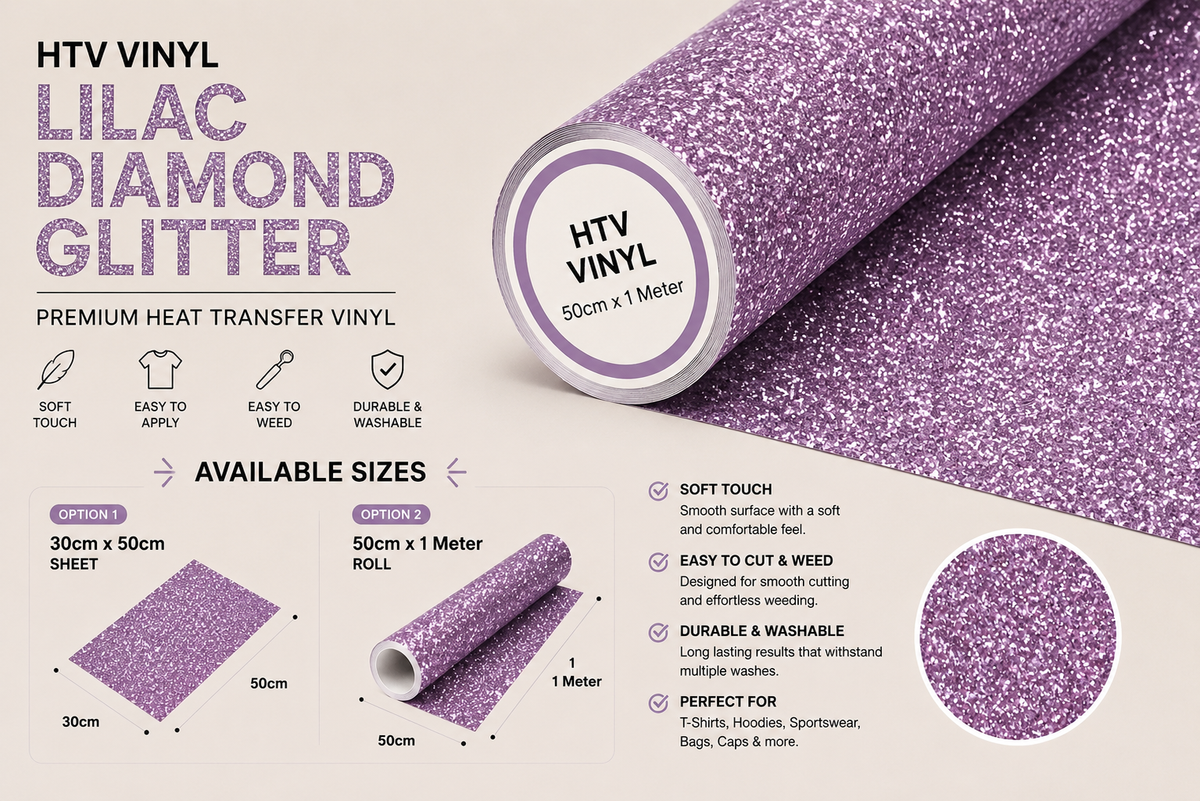 Crafted ByU Lilac Diamond Glitter Heat Transfer Vinyl For T-Shirt Iron On Vinyl Roll product guide showing the colour, finish and available options