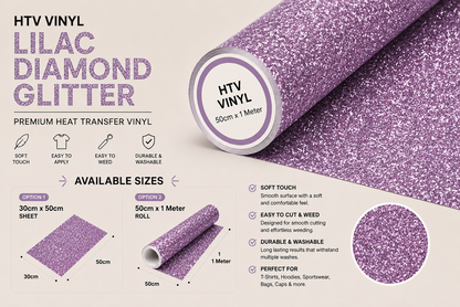 Crafted ByU Lilac Diamond Glitter Heat Transfer Vinyl For T-Shirt Iron On Vinyl Roll product guide showing the colour, finish and available options