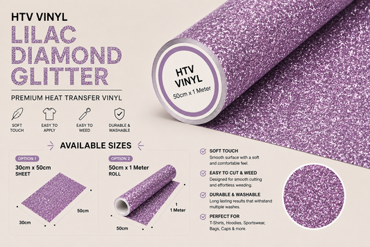 Crafted ByU Lilac Diamond Glitter Heat Transfer Vinyl For T-Shirt Iron On Vinyl Roll product guide showing the colour, finish and available options