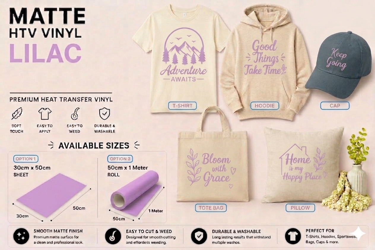 Crafted ByU Lilac Heat Transfer Vinyl For T-Shirt Iron On Vinyl Roll application examples on finished custom craft projects