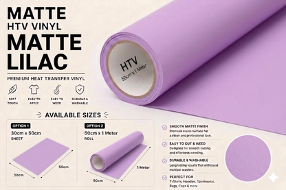 Crafted ByU Lilac Heat Transfer Vinyl For T-Shirt Iron On Vinyl Roll product guide showing the colour, finish and available options