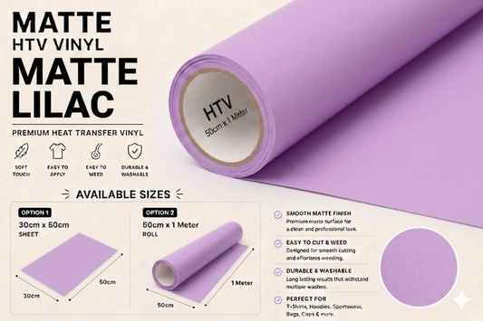 Crafted ByU Lilac Heat Transfer Vinyl For T-Shirt Iron On Vinyl Roll product guide showing the colour, finish and available options