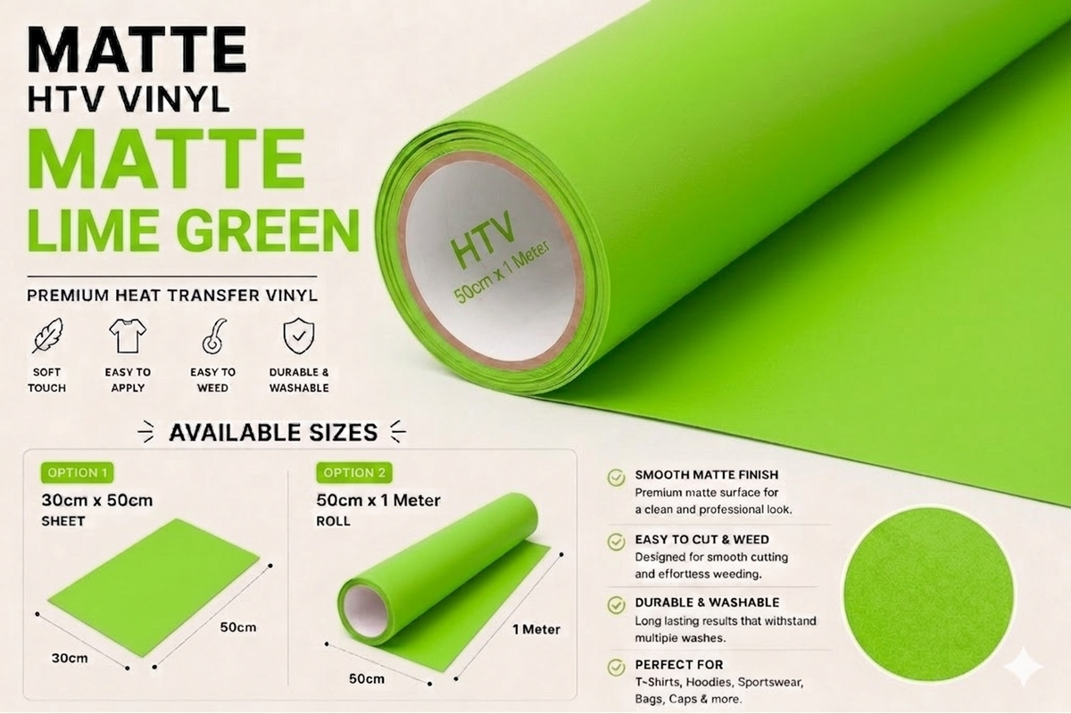 Crafted ByU Lime Green Heat Transfer Vinyl For T-Shirt Iron On Vinyl Roll product guide showing the colour, finish and available options