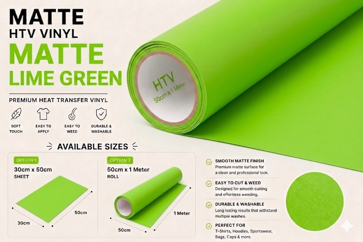 Crafted ByU Lime Green Heat Transfer Vinyl For T-Shirt Iron On Vinyl Roll product guide showing the colour, finish and available options