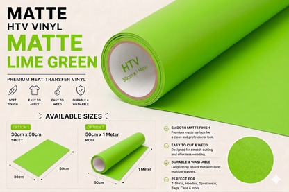 Crafted ByU Lime Green Heat Transfer Vinyl For T-Shirt Iron On Vinyl Roll product guide showing the colour, finish and available options