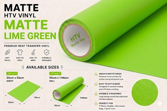 Crafted ByU Lime Green Heat Transfer Vinyl For T-Shirt Iron On Vinyl Roll product guide showing the colour, finish and available options