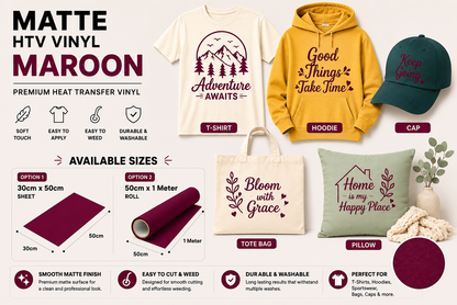 Crafted ByU Maroon Heat Transfer Vinyl Roll – Premium Iron-On Vinyl for T-Shirts & Fabrics application examples on finished custom craft projects