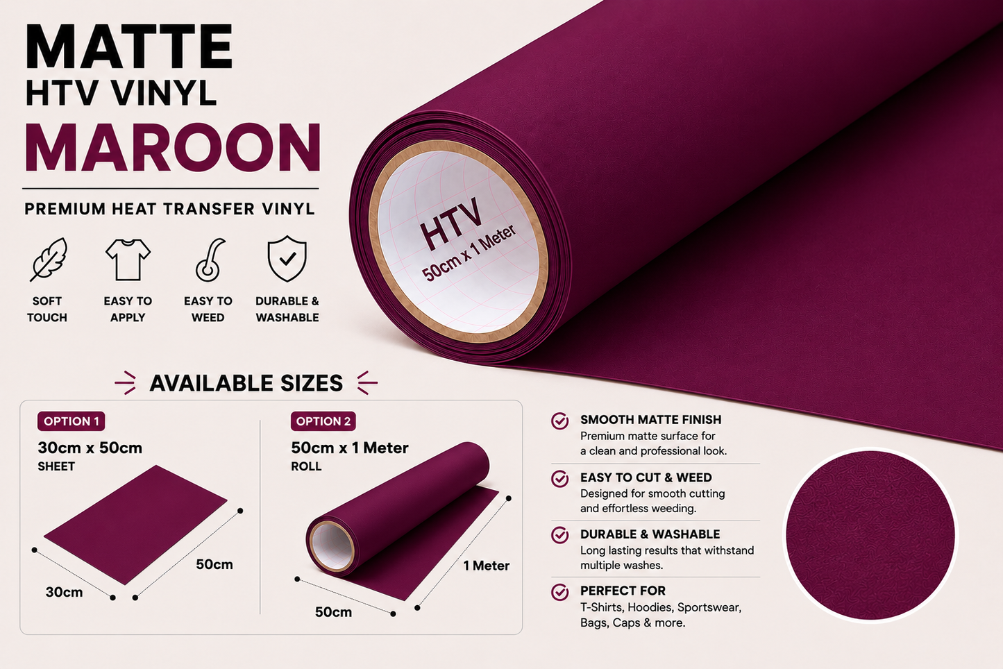 Crafted ByU Maroon Heat Transfer Vinyl Roll – Premium Iron-On Vinyl for T-Shirts & Fabrics product guide showing the colour, finish and available options