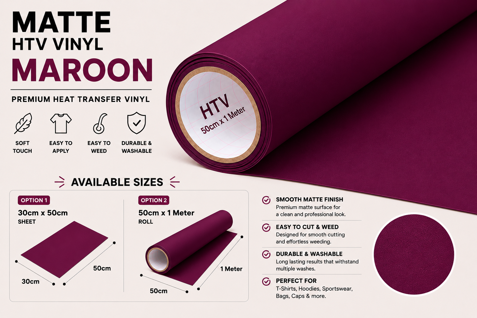 Crafted ByU Maroon Heat Transfer Vinyl Roll – Premium Iron-On Vinyl for T-Shirts & Fabrics product guide showing the colour, finish and available options