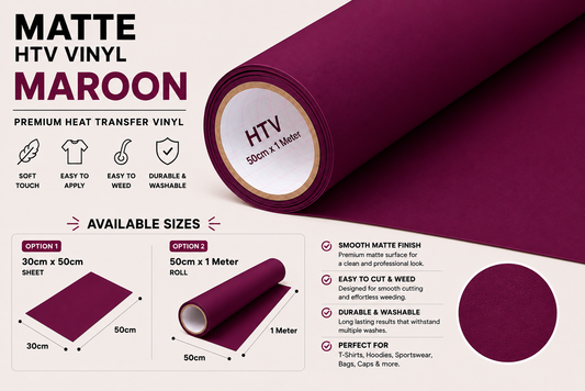 Crafted ByU Maroon Heat Transfer Vinyl Roll – Premium Iron-On Vinyl for T-Shirts & Fabrics product guide showing the colour, finish and available options