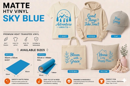 Crafted ByU Sky Blue Heat Transfer Vinyl For T-Shirt Iron On Vinyl Roll application examples on finished custom craft projects