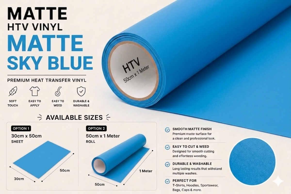 Crafted ByU Sky Blue Heat Transfer Vinyl For T-Shirt Iron On Vinyl Roll product guide showing the colour, finish and available options