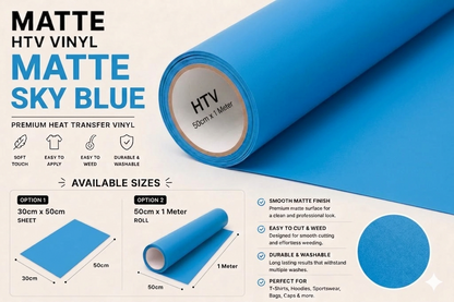Crafted ByU Sky Blue Heat Transfer Vinyl For T-Shirt Iron On Vinyl Roll product guide showing the colour, finish and available options
